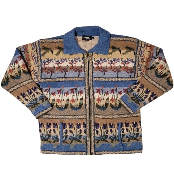 icelandic design Jackets & Blazers - Vintage Icelandic Design 100% Wool Zipper Jacket Collar Flowers Hummingbirds